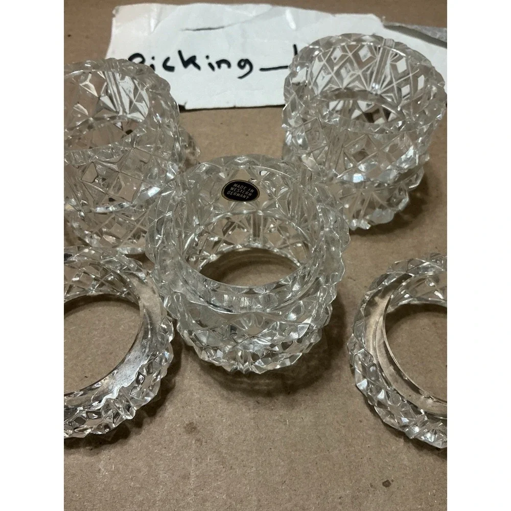 Vintage Napkin Rings Set of 8 Clear Diamond Cut Western Germany Mid Century